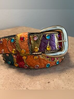 Vintage The Icing Y2K Multicolor Studded Rhinestone Leather Belt-Gold Buckle